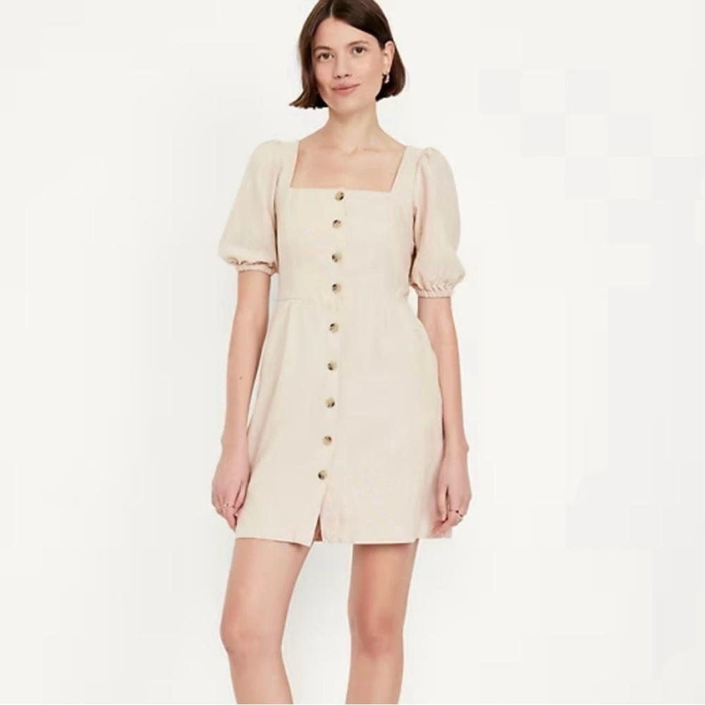Old Navy Linen Blend Puff Sleeve Button Natural Tan Khaki Mini Dress Small Nwt